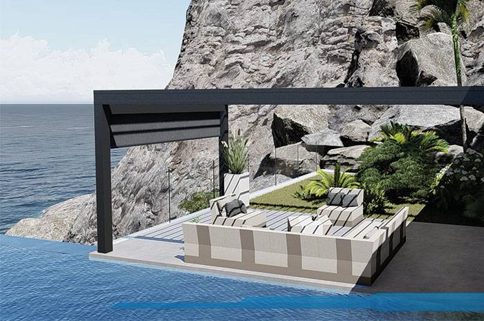 Pergola-pure-line-700-pour-texte Pergola moderne devant piscine avec vue sur la mer