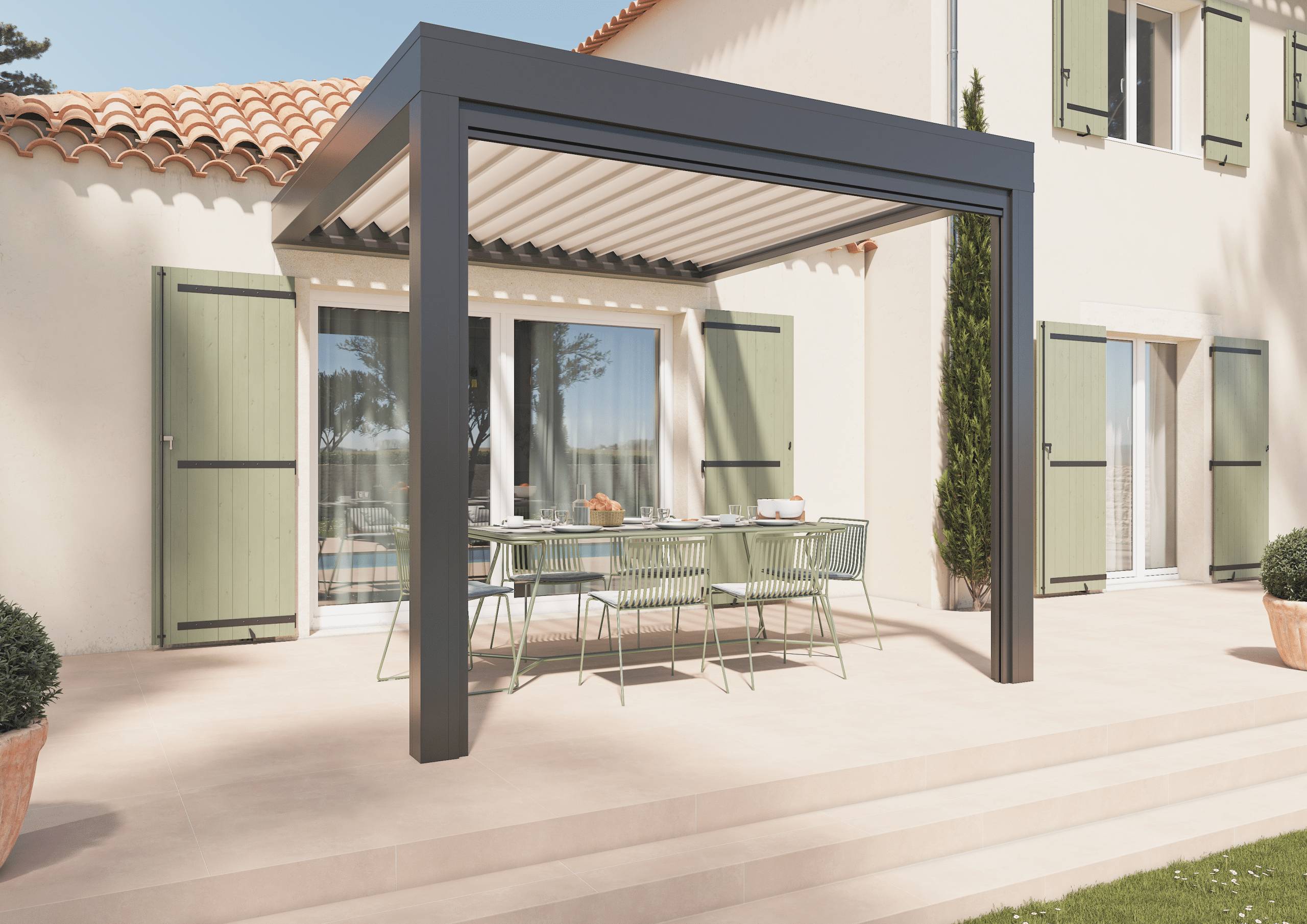 Pergola moderne en aluminium sur une terrasse ensoleillée
