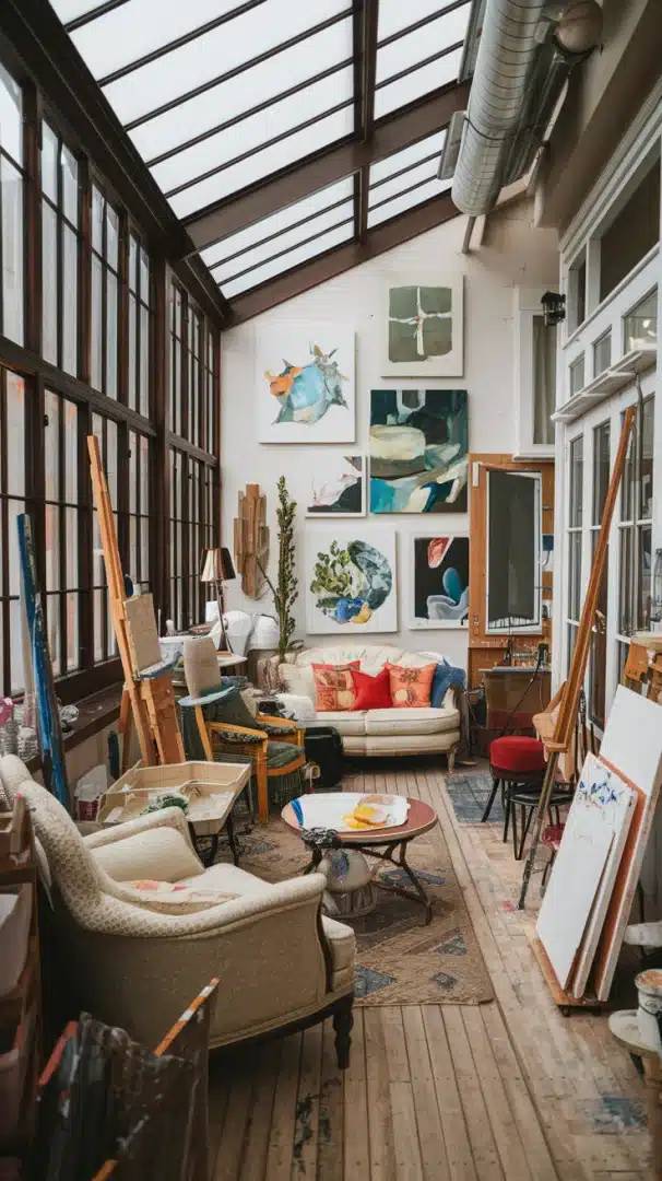 Véranda lumineuse aménagée en espace de détente artistique chaleureux