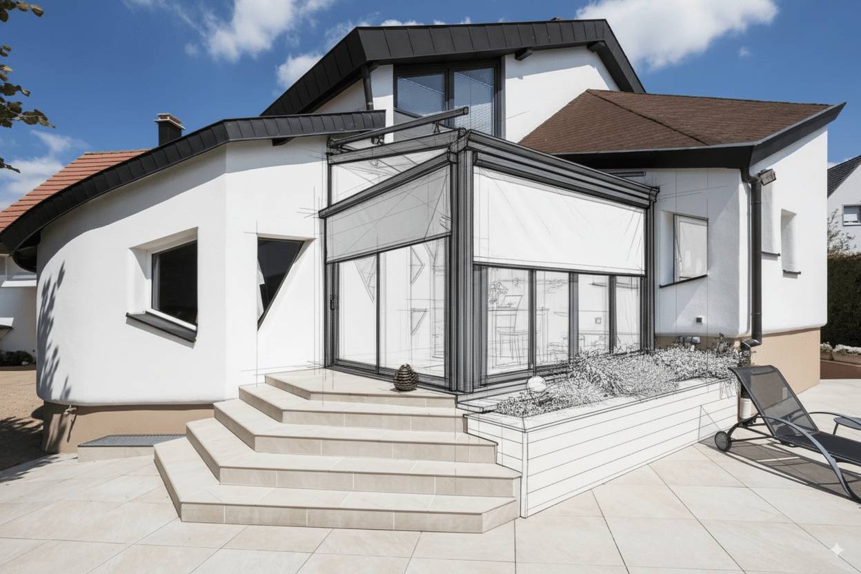 Véranda moderne et élégante intégrée à une maison contemporaine