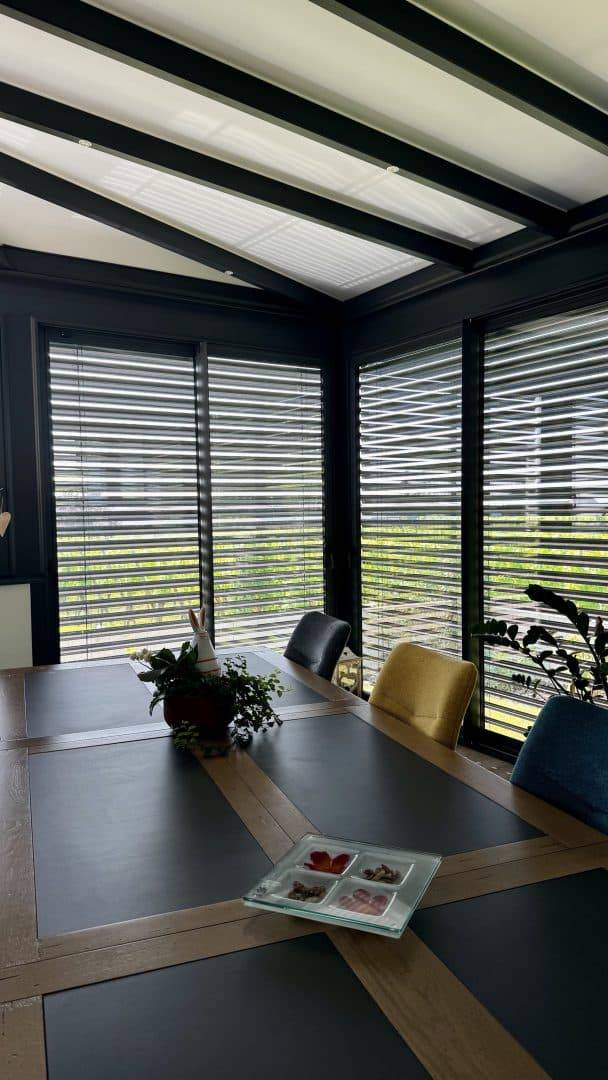Véranda moderne avec grandes baies vitrées et toit élégant