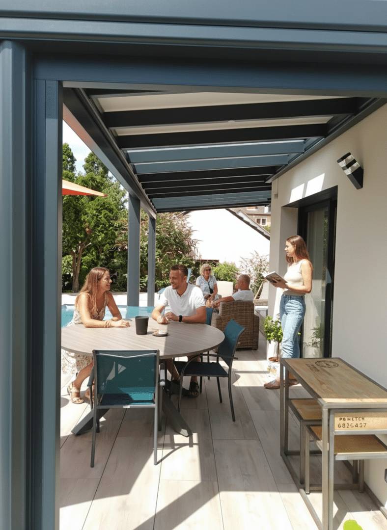 Personnes profitant d'une pergola moderne sur une terrasse ensoleillée