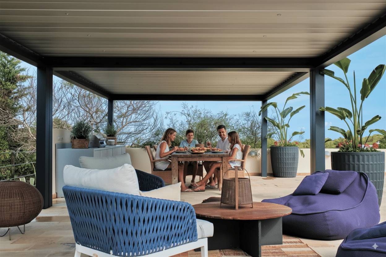 Pergola moderne abritant une famille partageant un repas convivial