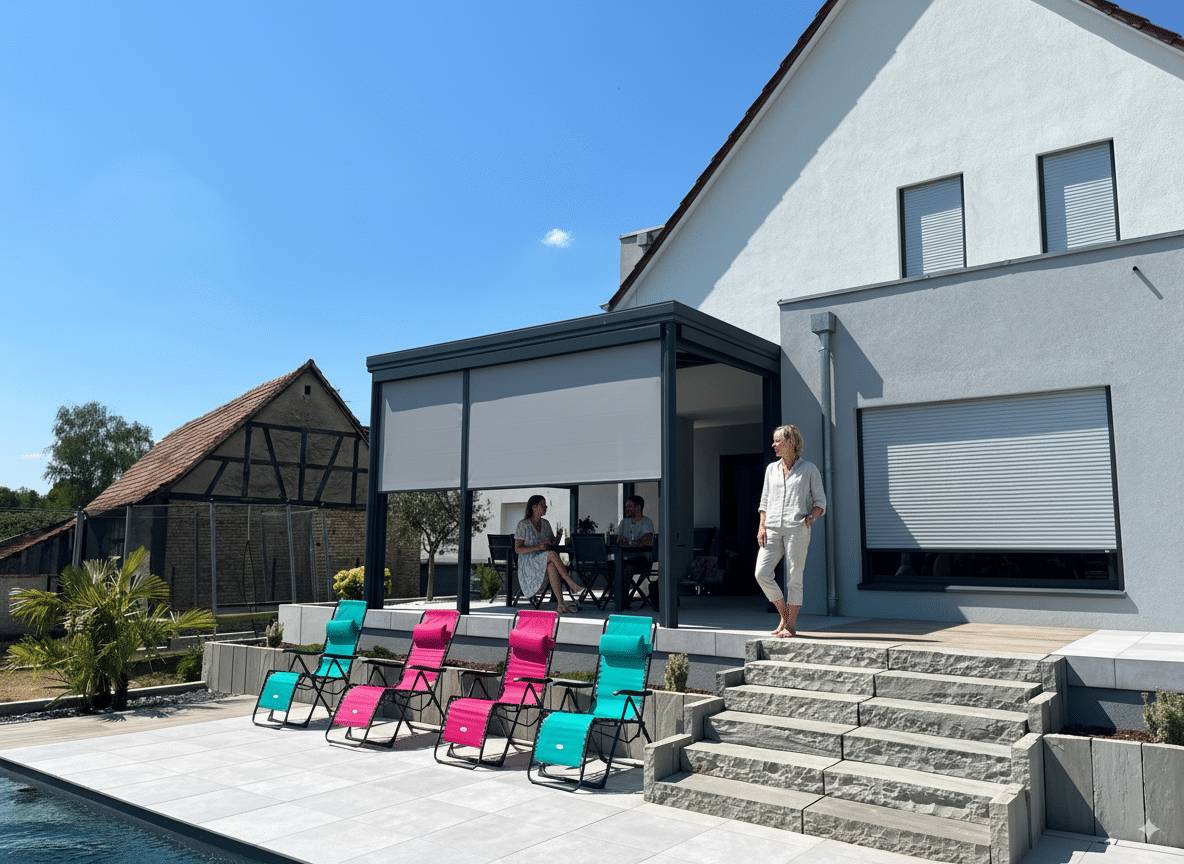 Pergola moderne près d'une maison avec piscine et chaises colorées