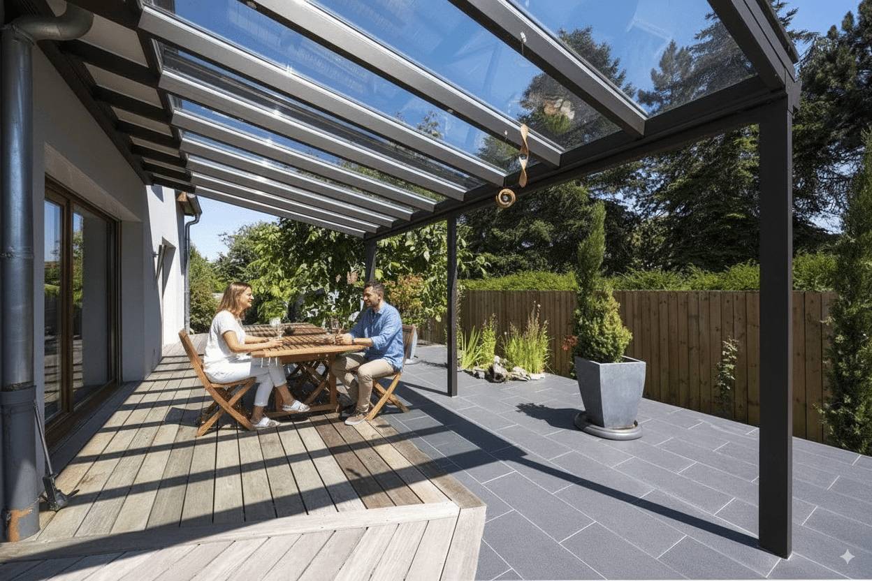 Pergola moderne en verre avec espace repas extérieur élégant